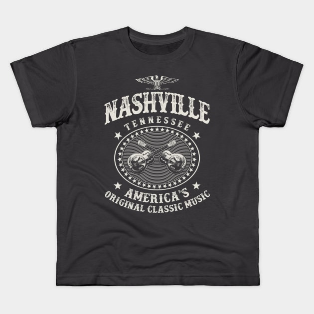 Nashville Music City Tennessee Guitars Vintage Kids T-Shirt by Designkix